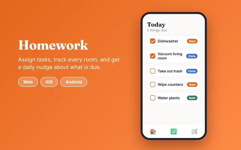 Preview of the Homework app showing a phone with a daily task list