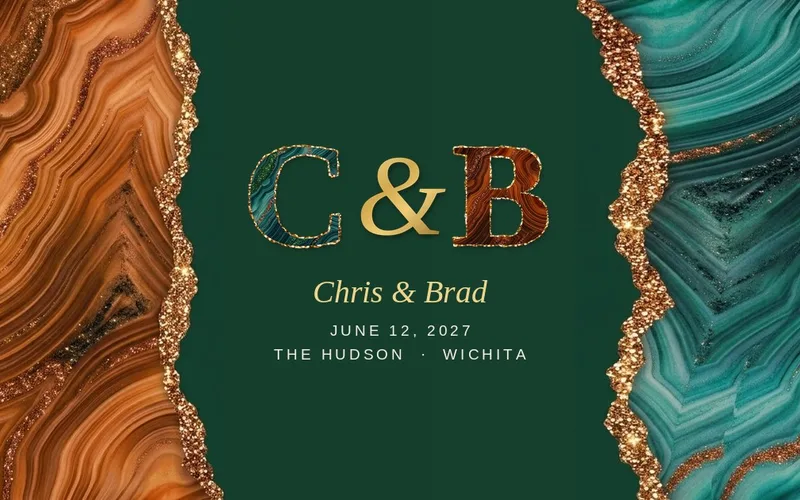 Preview of the Chris and Brad wedding website: copper and peacock agate with the C and B monogram, June 12, 2027, The Hudson, Wichita