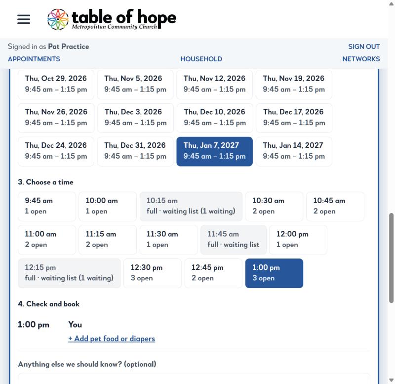 Screenshot of PantryBook showing the client dashboard with Appointments, My Household, and My Networks tabs
