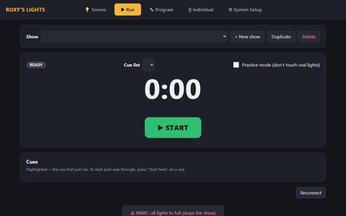 Screenshot of Roxy's Lights, a cue-based house light control screen